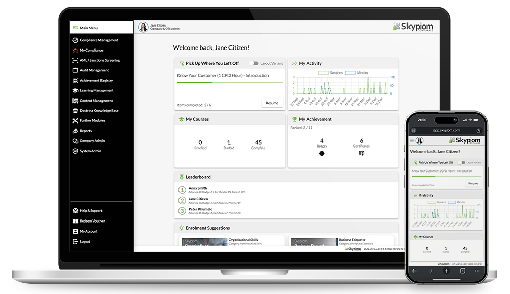 MacBook Pro and iPhone displaying Skypiom Compliance landing page