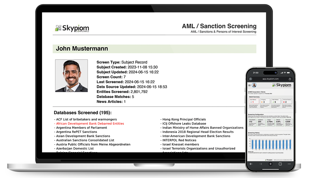 Macbook Pro and iPhone displaying Skypiom Compliance AML sanctions screening reports